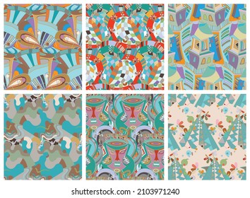 Artistic abstract seamless vector pattern set in graffiti wall style. Cubism art design elements. Modern mystic natural spiritual idea. Futuristic geometry in hand drawing line.