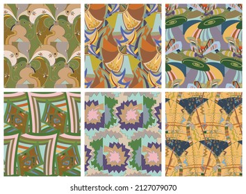 Artistic abstract seamless vector pattern set in graffiti wall style. Cubism art design elements. Modern mystic natural spiritual idea. Futuristic geometry in hand drawing line.