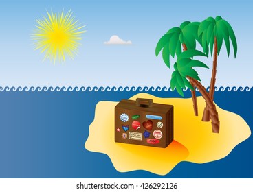 Artistic abstract tropical summer scenery, with sand beach, palm trees, sun and ocean or sea, with old vintage retro travel suitcase on an island. Concept of summer holidays, vacation, tourism.