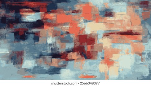 Artistic abstract vector composition with a blend of warm reds, cool blues, and neutral tones, forming an intricate and captivating visual narrative