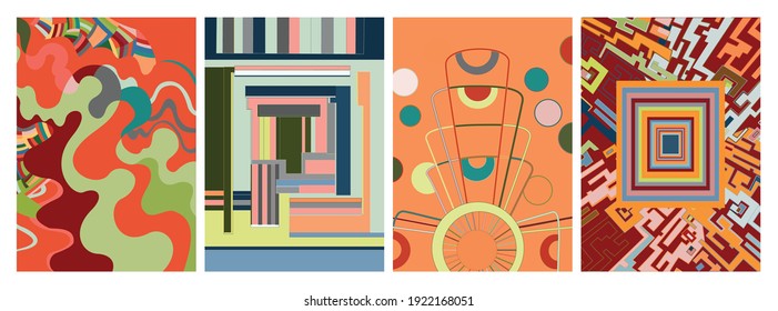 Artistic abstract vector. Poster with fancy curved shapes in graffiti wall style. Cubism art design elements. Modern mystic natural spiritual idea. Futuristic geometry in hand drawing line.