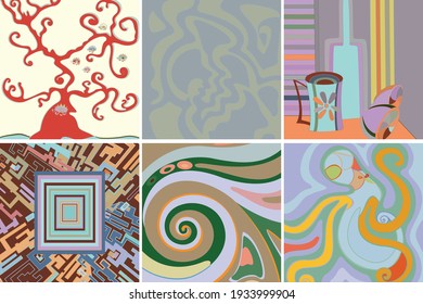 Künstlerische abstrakte Vektorgrafik. Poster mit gepflegten Formen im Graffiti-Stil. Cubism Kunst Design Elemente. Moderne mystische natürliche spirituelle Idee. Futuristische Geometrie in Handzeichnung.