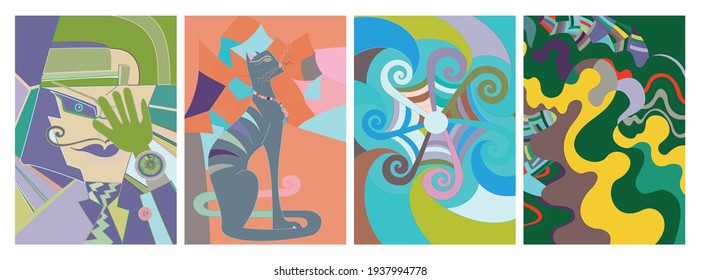 Artistic abstract vector. Poster with fancy curved shapes in graffiti wall style. Cubism art design elements. Modern mystic natural spiritual idea. Futuristic geometry in hand drawing line.
