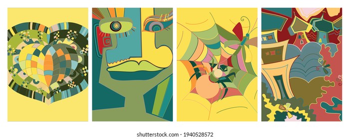 Artistic abstract vector. Poster with fancy curved shapes in graffiti wall style. Cubism art design elements. Modern mystic natural spiritual idea. Futuristic geometry in hand drawing line.