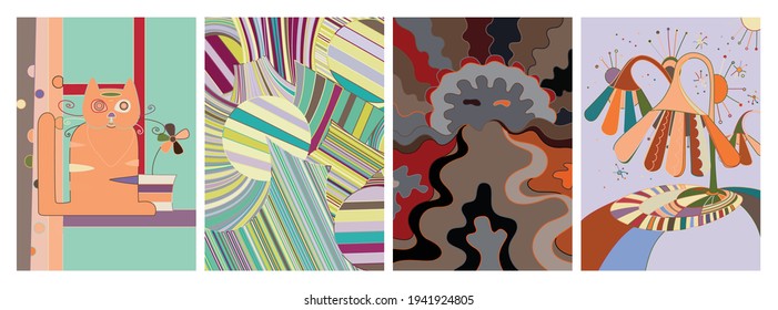 Artistic abstract vector. Poster with fancy curved shapes in graffiti wall style. Cubism art design elements. Modern mystic natural spiritual idea. Futuristic geometry in hand drawing line.