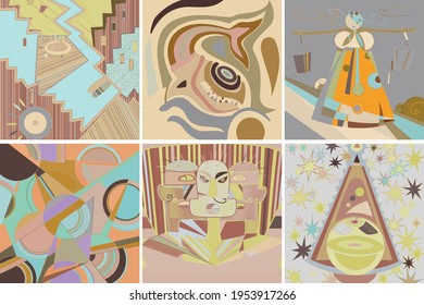 Artistic abstract vector. Poster with fancy curved shapes in graffiti wall style. Cubism art design elements. Modern mystic natural spiritual idea. Futuristic geometry in hand drawing line.