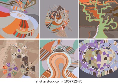 Artistic abstract vector. Poster with fancy curved shapes in graffiti wall style. Cubism art design elements. Modern mystic natural spiritual idea. Futuristic geometry in hand drawing line.