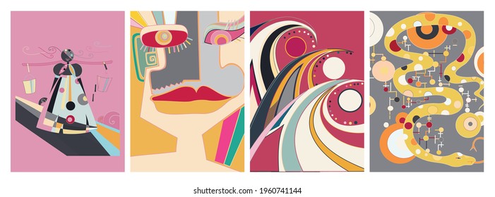 Artistic abstract vector. Poster with fancy curved shapes in graffiti wall style. Cubism art design elements. Modern mystic natural spiritual idea. Futuristic geometry in hand drawing line.