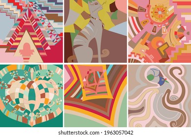 Artistic abstract vector. Poster with fancy curved shapes in graffiti wall style. Cubism art design elements. Modern mystic natural spiritual idea. Futuristic geometry in hand drawing line.