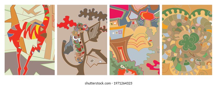 Artistic abstract vector. Poster with fancy curved shapes in graffiti wall style. Cubism art design elements. Modern mystic natural spiritual idea. Futuristic geometry in hand drawing line.