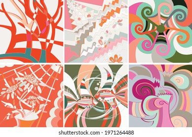 Artistic abstract vector. Poster with fancy curved shapes in graffiti wall style. Cubism art design elements. Modern mystic natural spiritual idea. Futuristic geometry in hand drawing line.