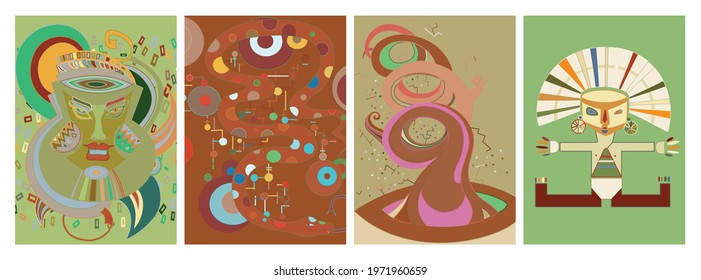 Artistic abstract vector. Poster with fancy curved shapes in graffiti wall style. Cubism art design elements. Modern mystic natural spiritual idea. Futuristic geometry in hand drawing line.