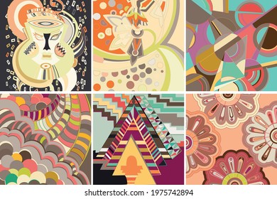 Artistic abstract vector. Poster with fancy curved shapes in graffiti wall style. Cubism art design elements. Modern mystic natural spiritual idea. Futuristic geometry in hand drawing line.