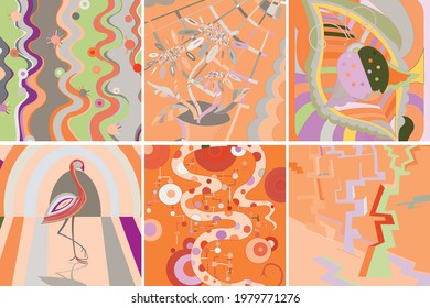 Artistic abstract vector. Poster with fancy curved shapes in graffiti wall style. Cubism art design elements. Modern mystic natural spiritual idea. Futuristic geometry in hand drawing line.