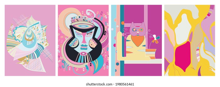 Artistic abstract vector. Poster with fancy curved shapes in graffiti wall style. Cubism art design elements. Modern mystic natural spiritual idea. Futuristic geometry in hand drawing line.