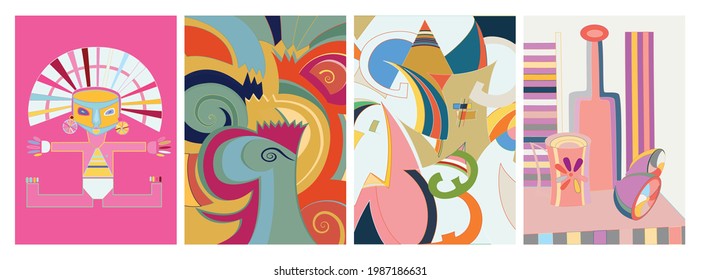 Artistic abstract vector. Poster with fancy curved shapes in graffiti wall style. Cubism art design elements. Modern mystic natural spiritual idea. Futuristic geometry in hand drawing line.