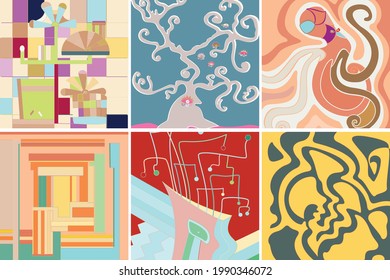Artistic abstract vector. Poster with fancy curved shapes in graffiti wall style. Cubism art design elements. Modern mystic natural spiritual idea. Futuristic geometry in hand drawing line.