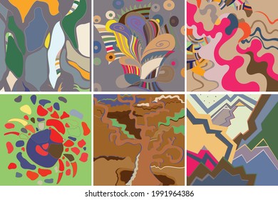 Artistic abstract vector. Poster with fancy curved shapes in graffiti wall style. Cubism art design elements. Modern mystic natural spiritual idea. Futuristic geometry in hand drawing line.