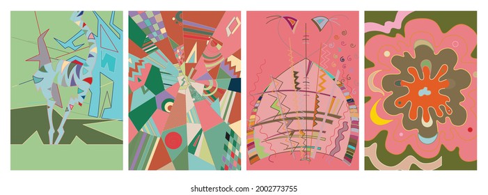 Artistic abstract vector. Poster with fancy curved shapes in graffiti wall style. Cubism art design elements. Modern mystic natural spiritual idea. Futuristic geometry in hand drawing line.