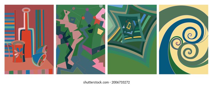 Artistic abstract vector. Poster with fancy curved shapes in graffiti wall style. Cubism art design elements. Modern mystic natural spiritual idea. Futuristic geometry in hand drawing line.