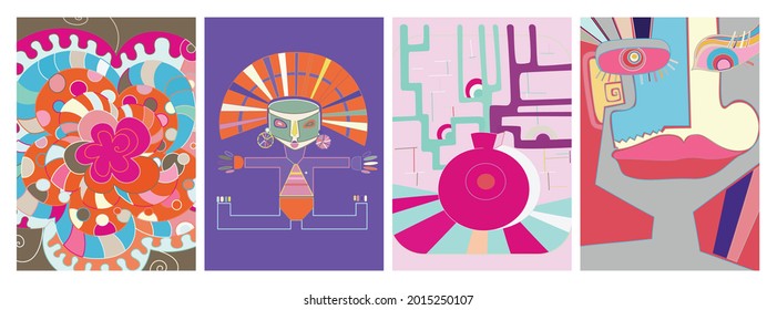 Vector artístico abstracto. Afiche con lujosas formas curvadas al estilo de la pared de graffiti. Elementos de diseño de arte cubista. Idea espiritual mística moderna y natural. Geometría futurista en línea de dibujo a mano.
