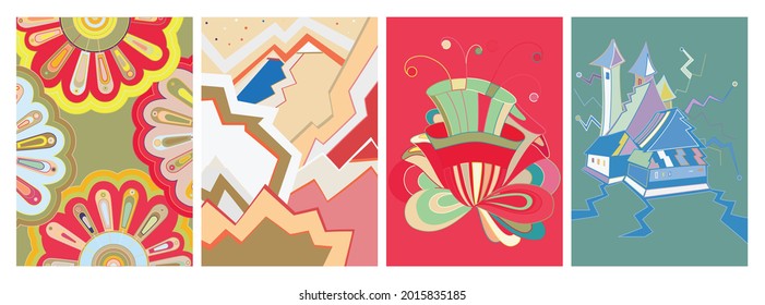 Artistic abstract vector. Poster with fancy curved shapes in graffiti wall style. Cubism art design elements. Modern mystic natural spiritual idea. Futuristic geometry in hand drawing line.