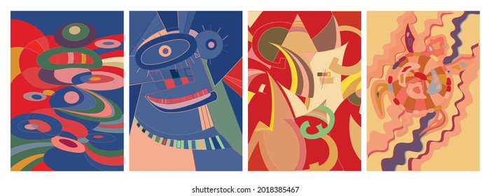 Artistic abstract vector. Poster with fancy curved shapes in graffiti wall style. Cubism art design elements. Modern mystic natural spiritual idea. Futuristic geometry in hand drawing line.