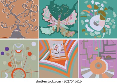 Artistic abstract vector. Poster with fancy curved shapes in graffiti wall style. Cubism art design elements. Modern mystic natural spiritual idea. Futuristic geometry in hand drawing line.