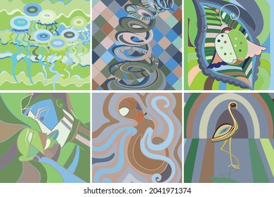 Artistic abstract vector. Poster with fancy curved shapes in graffiti wall style. Cubism art design elements. Modern mystic natural spiritual idea. Futuristic geometry in hand drawing line.
