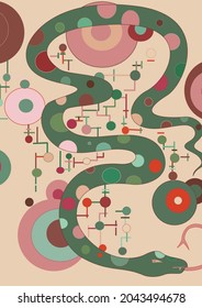 Artistic abstract vector. Poster with fancy curved shapes in graffiti wall style. Cubism art design elements. Modern mystic natural spiritual idea. Futuristic geometry in hand drawing line.