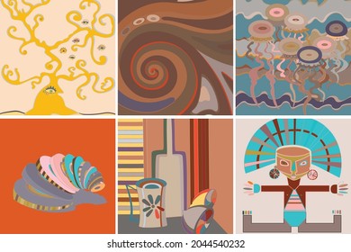 Artistic abstract vector. Poster with fancy curved shapes in graffiti wall style. Cubism art design elements. Modern mystic natural spiritual idea. Futuristic geometry in hand drawing line.
