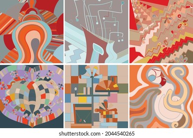 Artistic abstract vector. Poster with fancy curved shapes in graffiti wall style. Cubism art design elements. Modern mystic natural spiritual idea. Futuristic geometry in hand drawing line.