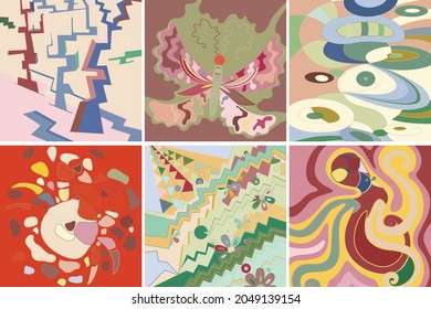 Artistic abstract vector. Poster with fancy curved shapes in graffiti wall style. Cubism art design elements. Modern mystic natural spiritual idea. Futuristic geometry in hand drawing line.