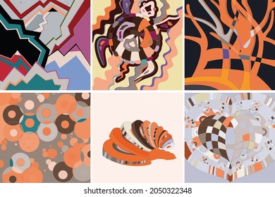 Artistic abstract vector. Poster with fancy curved shapes in graffiti wall style. Cubism art design elements. Modern mystic natural spiritual idea. Futuristic geometry in hand drawing line.