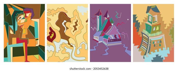 Künstlerische abstrakte Vektorgrafik. Poster mit gepflegten Formen im Graffiti-Stil. Cubism Kunst Design Elemente. Moderne mystische natürliche spirituelle Idee. Futuristische Geometrie in Handzeichnung.