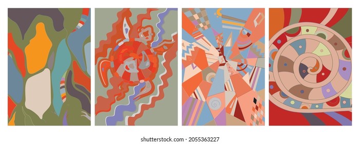 Artistic abstract vector. Poster with fancy curved shapes in graffiti wall style. Cubism art design elements. Modern mystic natural spiritual idea. Futuristic geometry in hand drawing line.