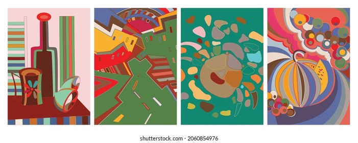 Vector artístico abstracto. Afiche con lujosas formas curvadas al estilo de la pared de graffiti. Elementos de diseño de arte cubista. Idea espiritual mística moderna y natural. Geometría futurista en línea de dibujo a mano.