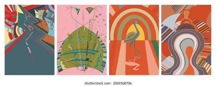 Artistic abstract vector. Poster with fancy curved shapes in graffiti wall style. Cubism art design elements. Modern mystic natural spiritual idea. Futuristic geometry in hand drawing line.