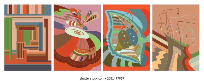 Artistic abstract vector. Poster with fancy curved shapes in graffiti wall style. Cubism art design elements. Modern mystic natural spiritual idea. Futuristic geometry in hand drawing line.