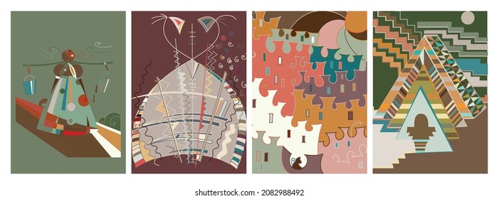 Artistic abstract vector. Poster with fancy curved shapes in graffiti wall style. Cubism art design elements. Modern mystic natural spiritual idea. Futuristic geometry in hand drawing line.