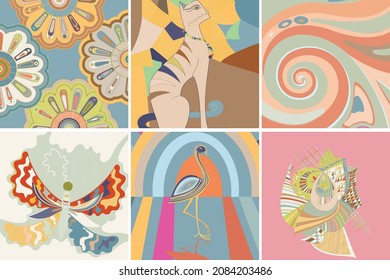 Artistic abstract vector. Poster with fancy curved shapes in graffiti wall style. Cubism art design elements. Modern mystic natural spiritual idea. Futuristic geometry in hand drawing line.