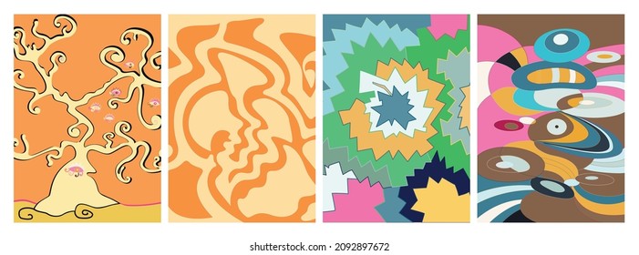 Artistic abstract vector. Poster with fancy curved shapes in graffiti wall style. Cubism art design elements. Modern mystic natural spiritual idea. Futuristic geometry in hand drawing line.