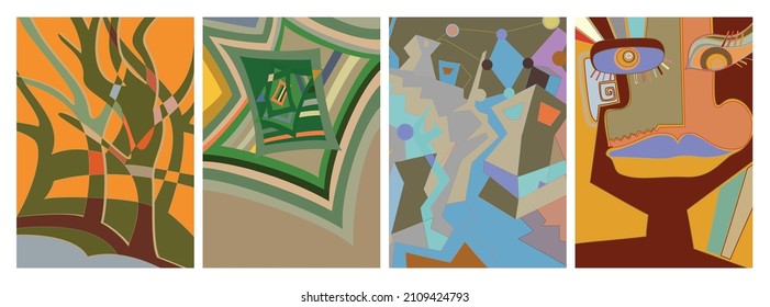 Artistic abstract vector. Poster with fancy curved shapes in graffiti wall style. Cubism art design elements. Modern mystic natural spiritual idea. Futuristic geometry in hand drawing line.