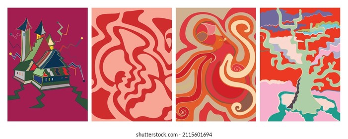 Artistic abstract vector. Poster with fancy curved shapes in graffiti wall style. Cubism art design elements. Modern mystic natural spiritual idea. Futuristic geometry in hand drawing line.
