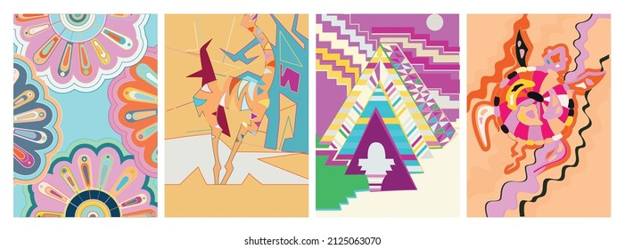 Artistic abstract vector. Poster with fancy curved shapes in graffiti wall style. Cubism art design elements. Modern mystic natural spiritual idea. Futuristic geometry in hand drawing line.