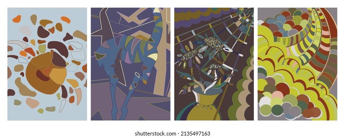 Artistic abstract vector. Poster with fancy curved shapes in graffiti wall style. Cubism art design elements. Modern mystic natural spiritual idea. Futuristic geometry in hand drawing line.