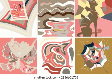 Artistic abstract vector. Poster with fancy curved shapes in graffiti wall style. Cubism art design elements. Modern mystic natural spiritual idea. Futuristic geometry in hand drawing line.