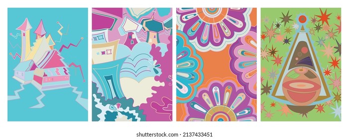 Artistic abstract vector. Poster with fancy curved shapes in graffiti wall style. Cubism art design elements. Modern mystic natural spiritual idea. Futuristic geometry in hand drawing line.