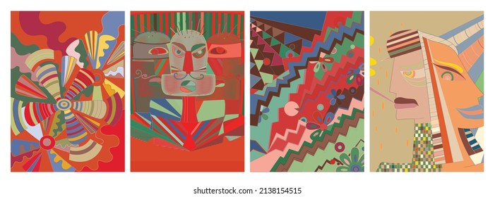 Artistic abstract vector. Poster with fancy curved shapes in graffiti wall style. Cubism art design elements. Modern mystic natural spiritual idea. Futuristic geometry in hand drawing line.