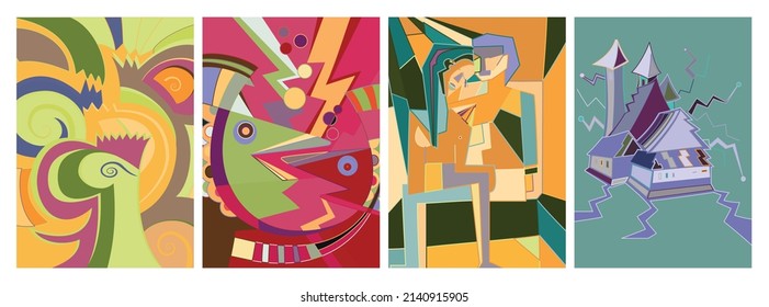 Artistic abstract vector. Poster with fancy curved shapes in graffiti wall style. Cubism art design elements. Modern mystic natural spiritual idea. Futuristic geometry in hand drawing line.
